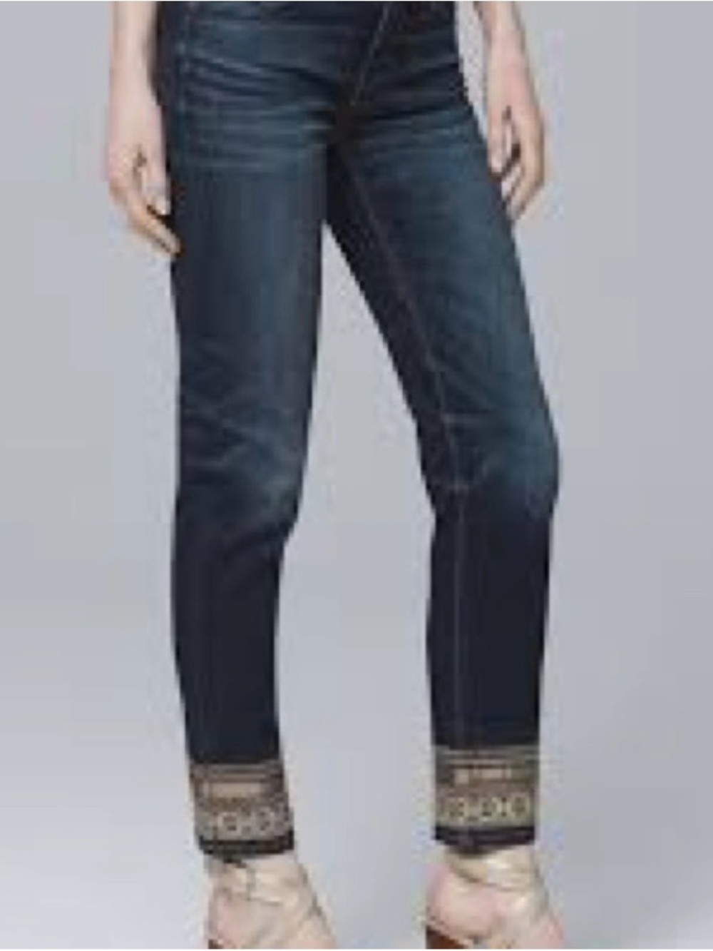 White House Black Market Dark Blue Embroidered Cuff Cropped Jeans